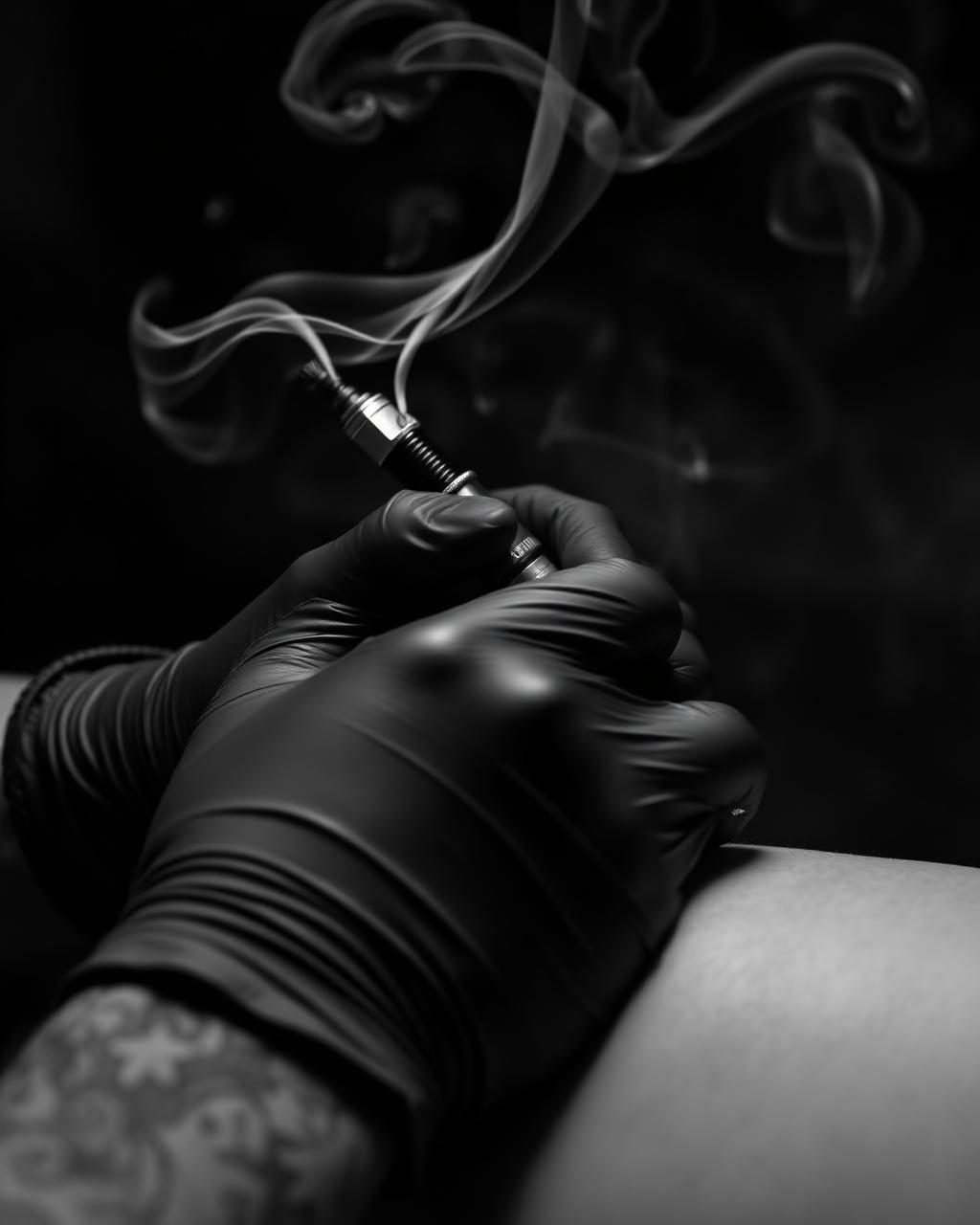 Close-up of a tattoo artist's gloved hands working with smoke in the air
