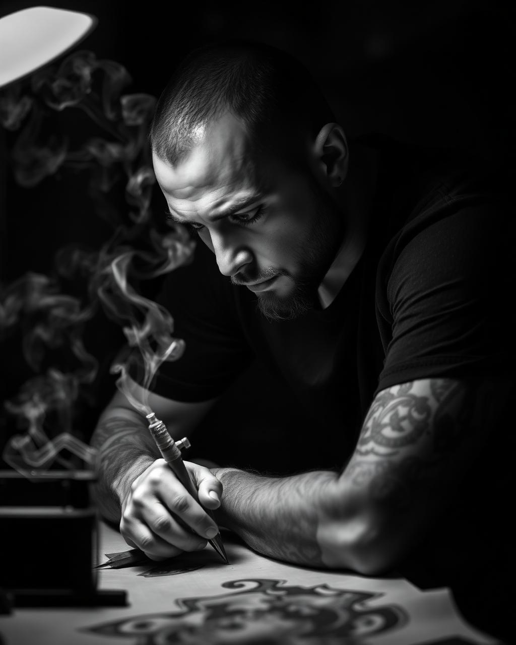 Tattoo artist drawing a design in a dark studio with smoke