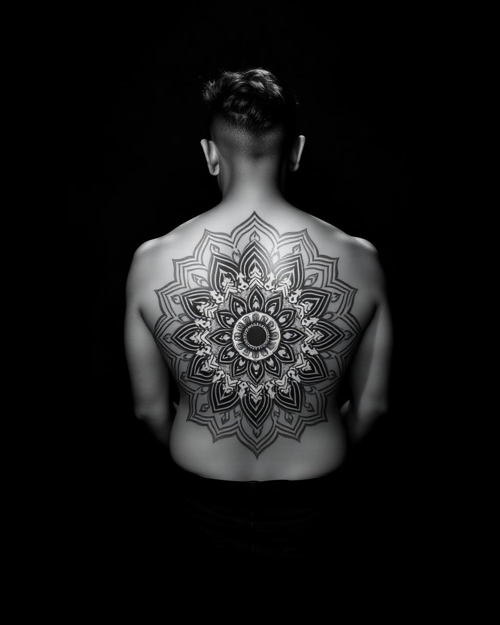 Large ornamental mandala tattoo covering a full back