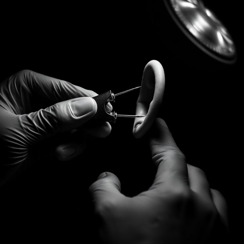 Gloved hands performing a professional ear piercing
