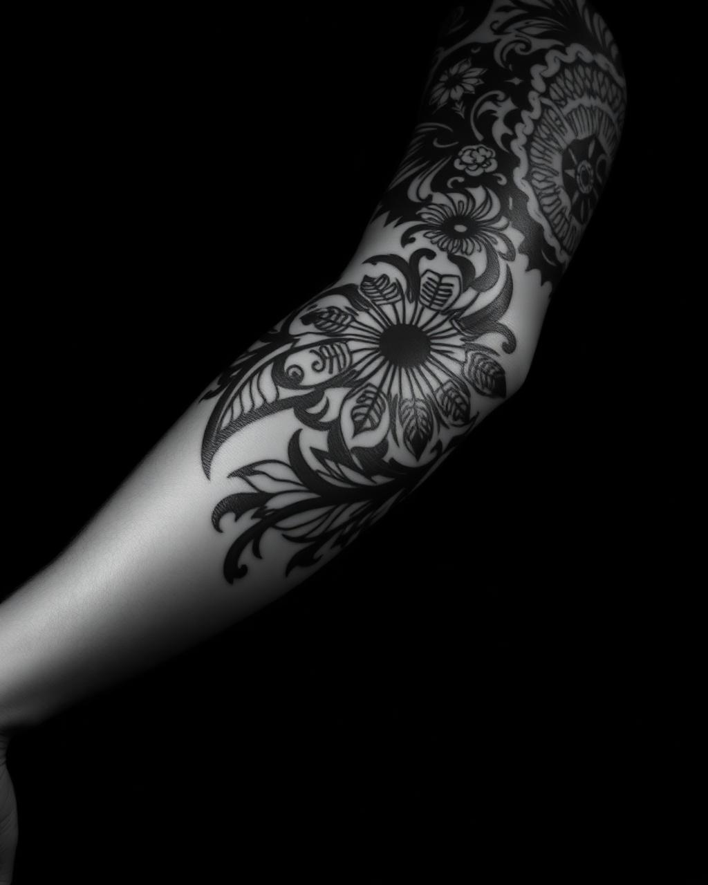 Full blackwork sleeve tattoo with bold ornamental patterns