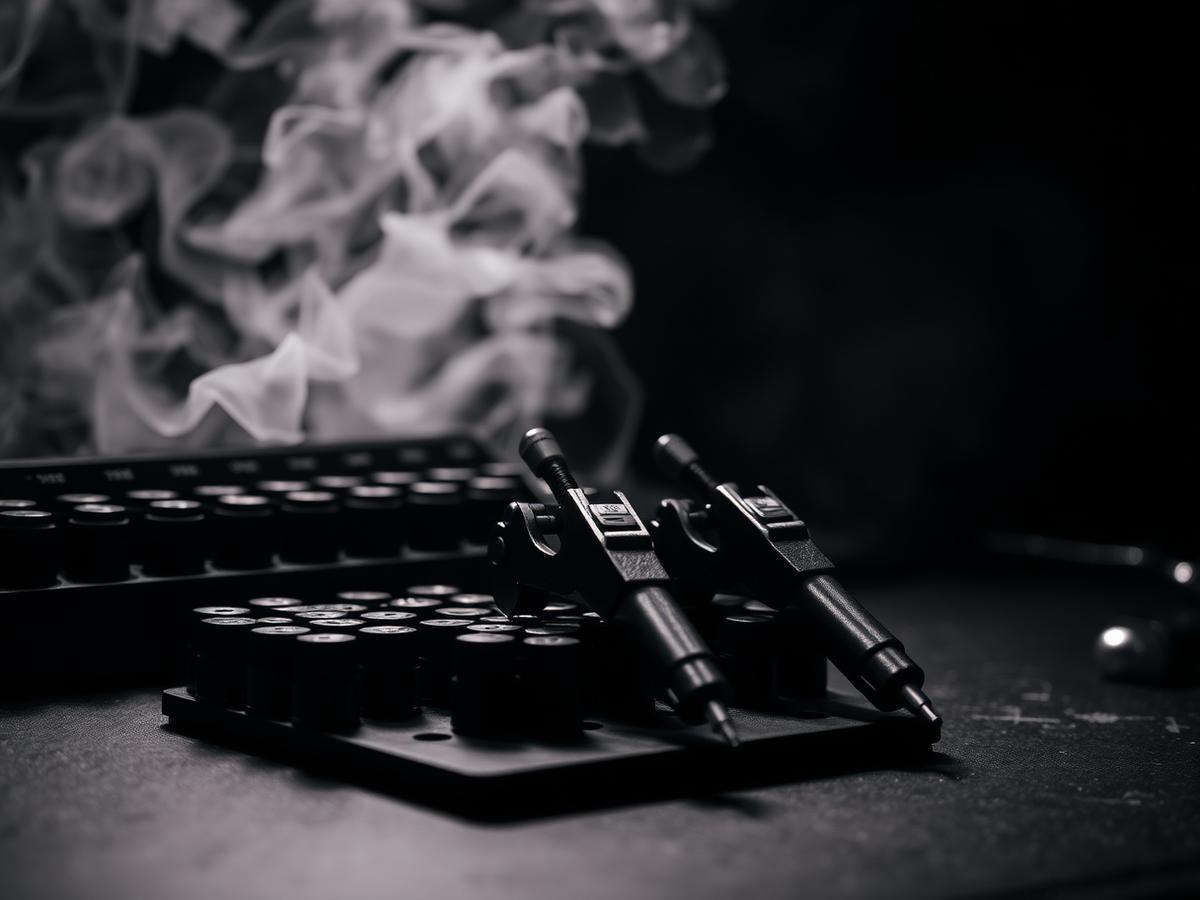 Tattoo machines and ink caps arranged on a black workstation