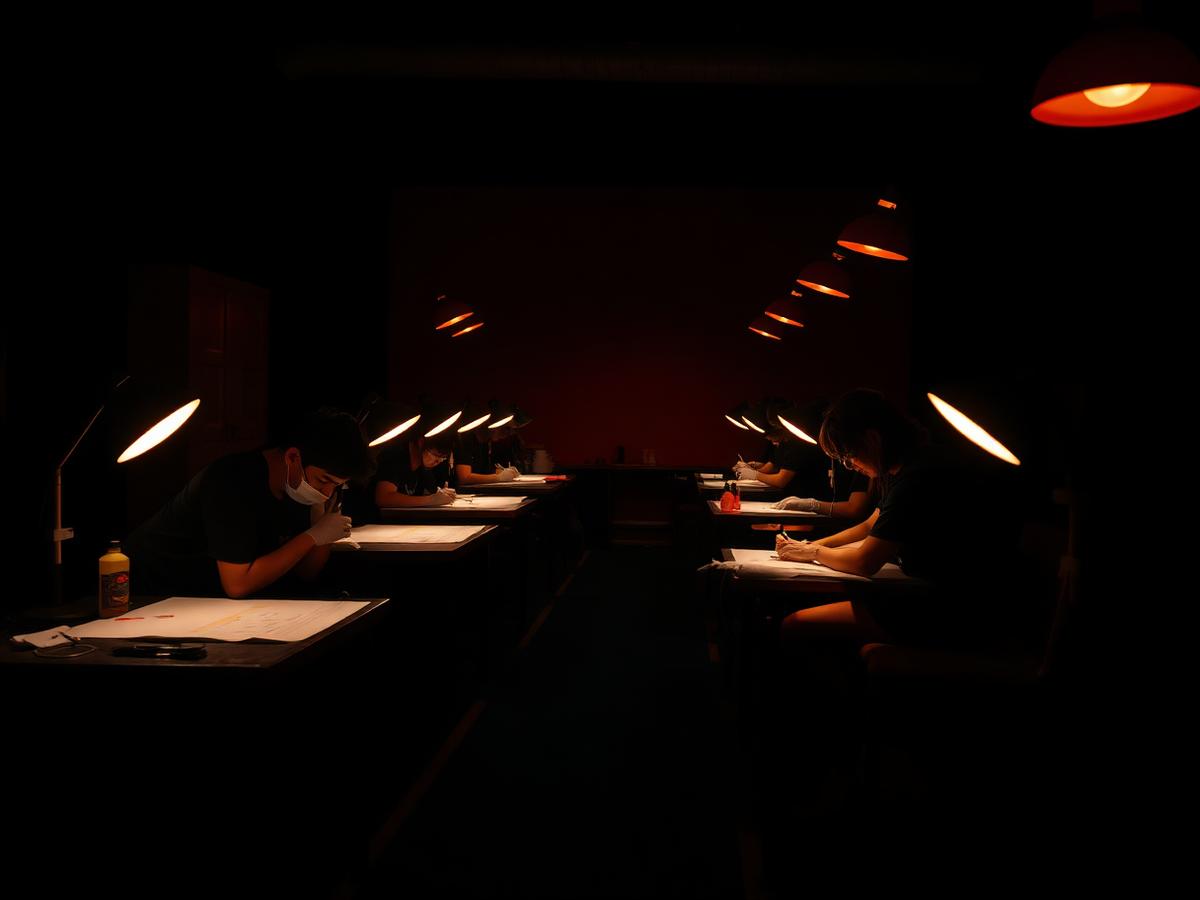 Tattoo academy students practicing under warm lamps