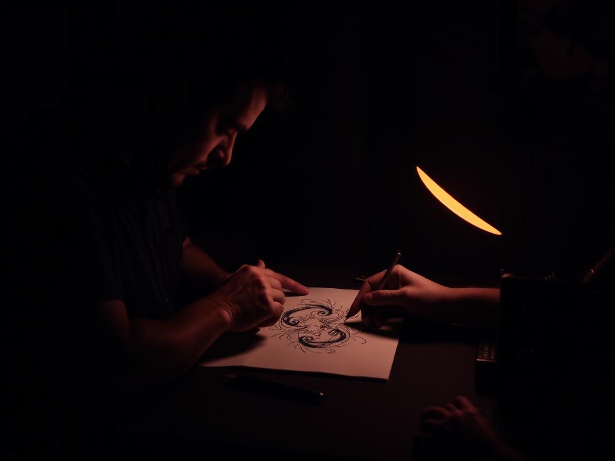 Tattoo apprentice practicing on synthetic skin under a warm lamp