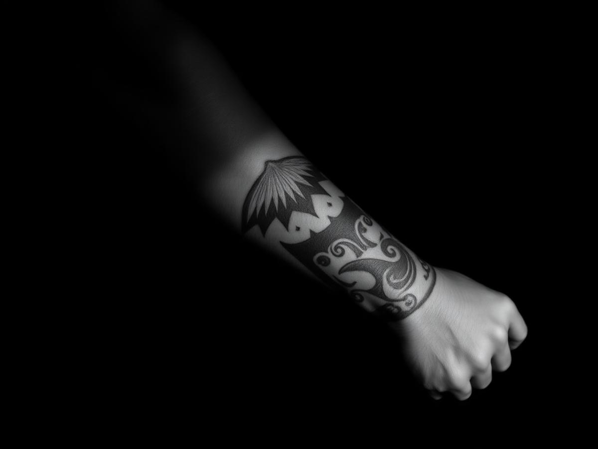 Black and grey realism tattoo on a forearm in dramatic light