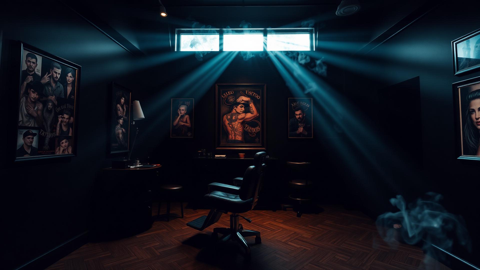 Inside the Killerpaw studio — dark walls, framed flash art and a tattoo chair in beams of light